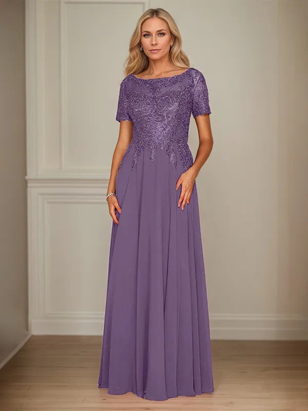 A Line Chiffon Boat Neck Short Sleeves Floor Length Mother of the Bride Dresses
