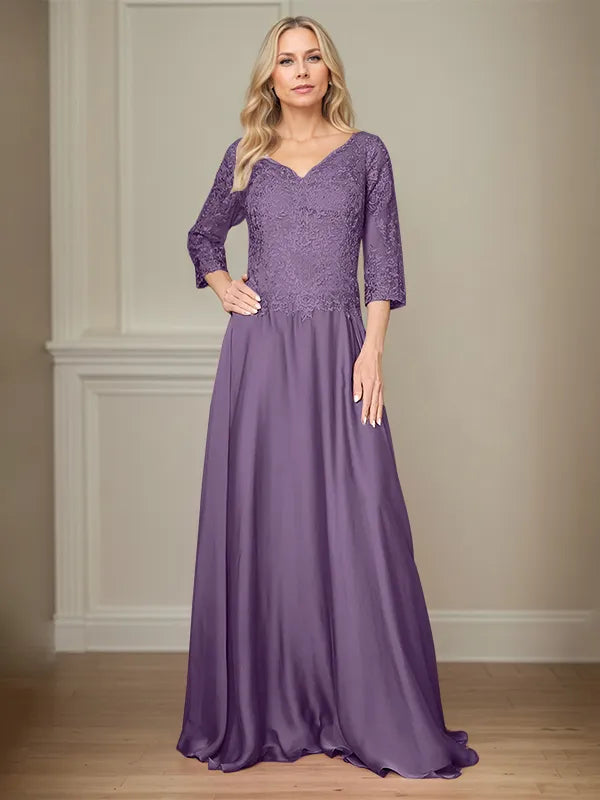 A Line Chiffon V Neck 3/4 Sleeves Floor-Length Mother Of The Bride Dress With Appliques