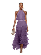 A Line Pink Chiffon Halter Neck Sleeveless Ankle Length Dress With Cascading Ruffles