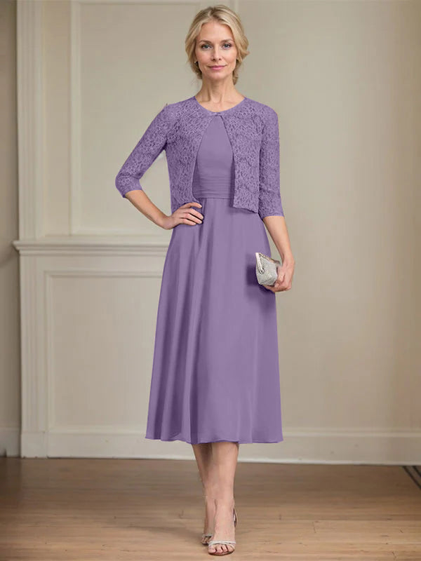 A-Linien Rundhals Tee-Länge Chiffon Kleid für die Mutter der Braut mit Falten