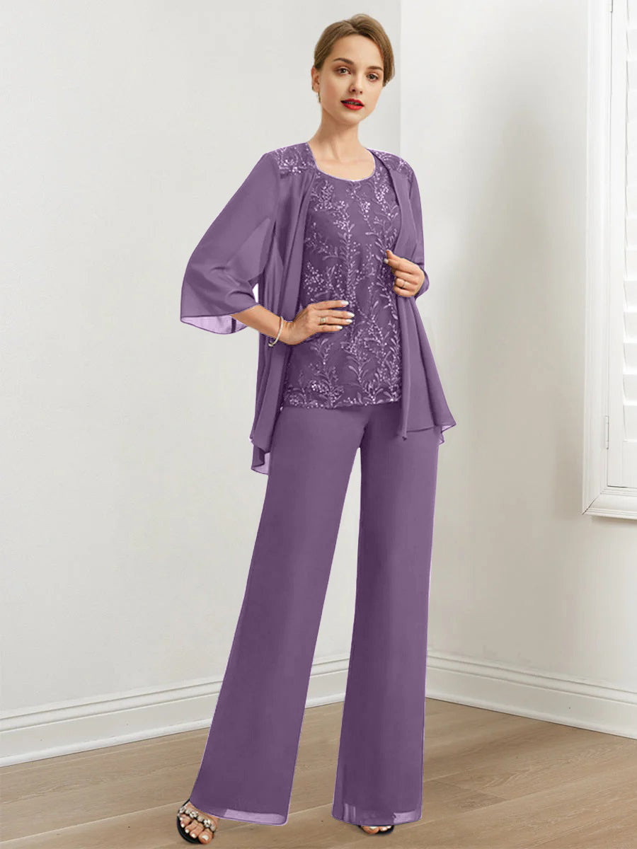 Chiffon Hosenanzüge für die Brautmutter mit Pailletten und Jacke