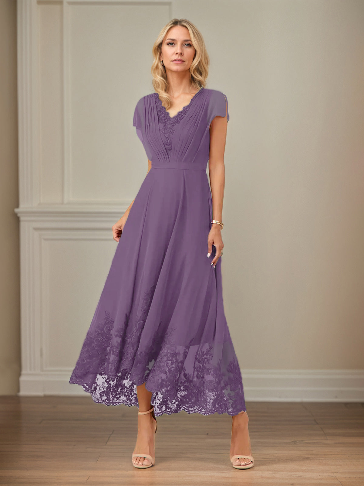 A-Linien Chiffon Kleid mit V-Ausschnitt, flatternden Ärmeln, knöchellang mit Applikationen