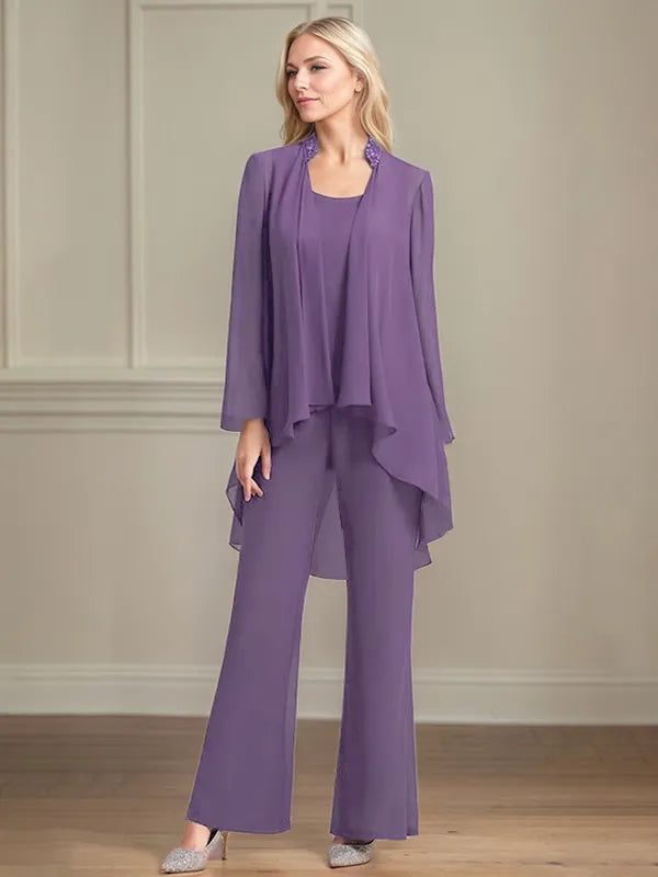 Chiffon Kleid mit Rundhalsausschnitt, langen Ärmeln, bodenlang, Hosenanzug für die Brautmutter
