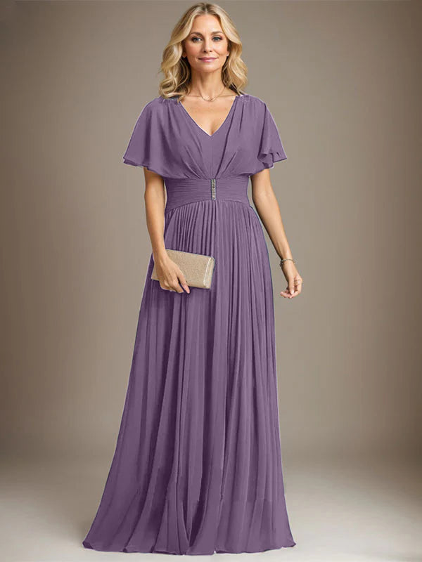 A-Linien V-Ausschnitt Bodenlanges Chiffon Brautmutterkleid mit Kristallbrosche und Plisseefalten
