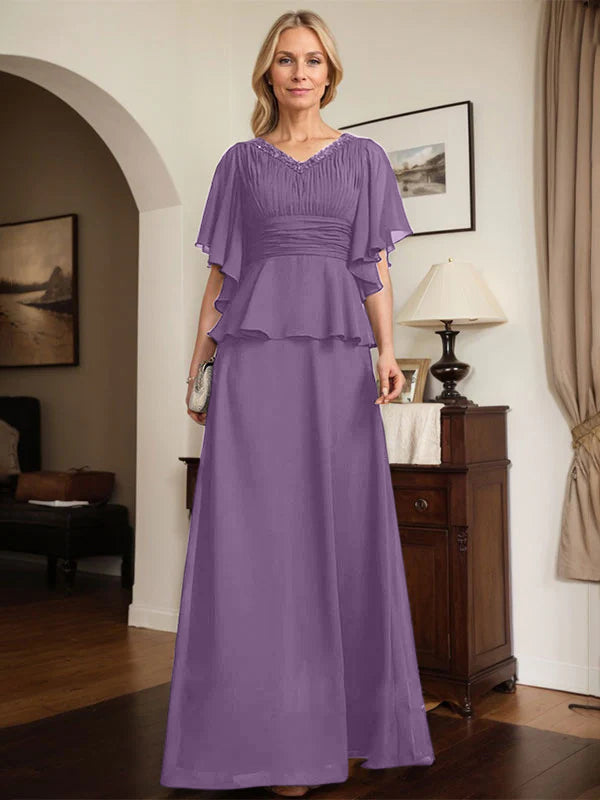 A-Linien Chiffon-Mutter-der-Braut-Kleid mit V-Ausschnitt, bodenlang, plissierte Perlenverzierung