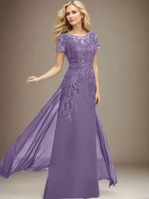 Etui/Säulen Rundhals Illusionsbodenlanges Spitzen-Chiffonkleid für die Brautmutter mit Pailletten