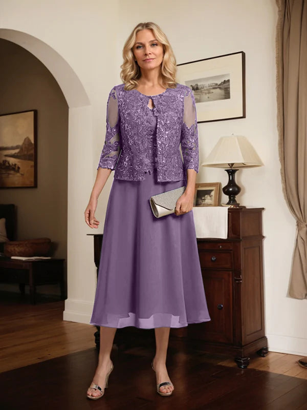 A-Linien Spitzen-Chiffon-Brautmutterkleid mit V-Ausschnitt, tea-length, mit Pailletten