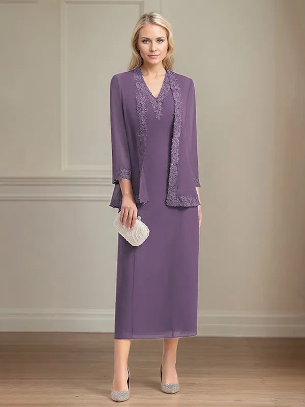 Etui/Column Chiffon V-Ausschnitt 3/4 Ärmel Tea-Length Kleid für die Mutter der Braut