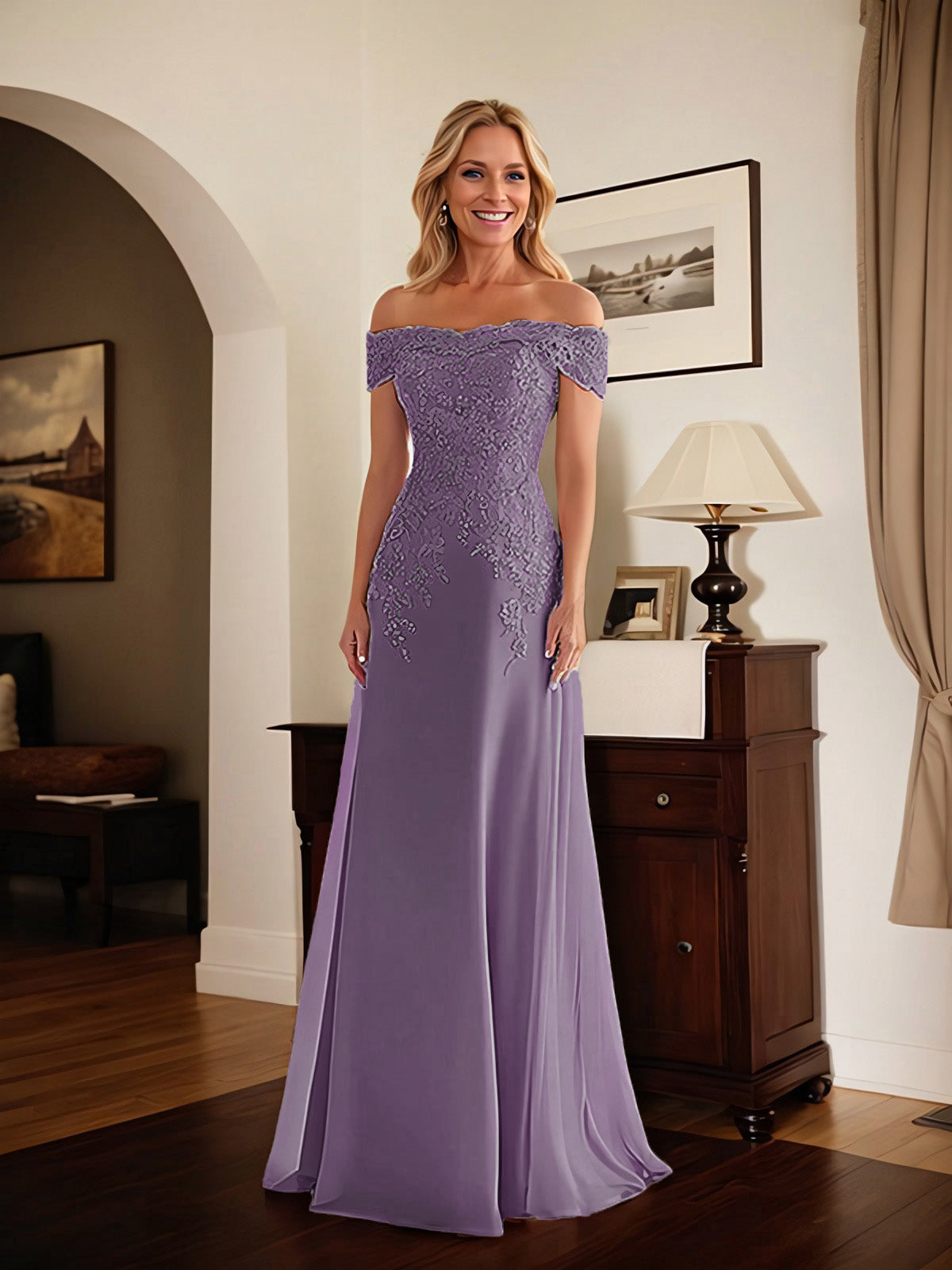 Elegantes taupefarbenes schulterfreies Etuikleid Mutter der Braut Kleid mit Spitze