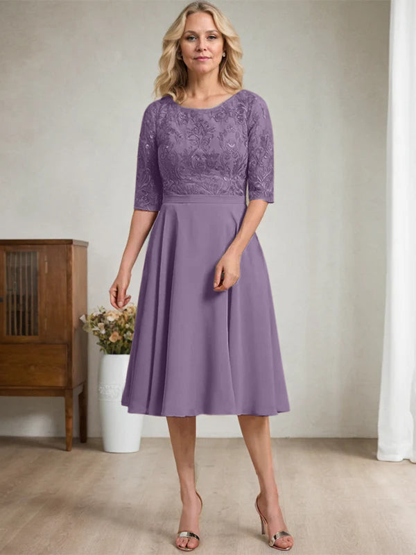 Robe mère de la mariée en ligne A, col rond, longueur genou, en dentelle et chiffon