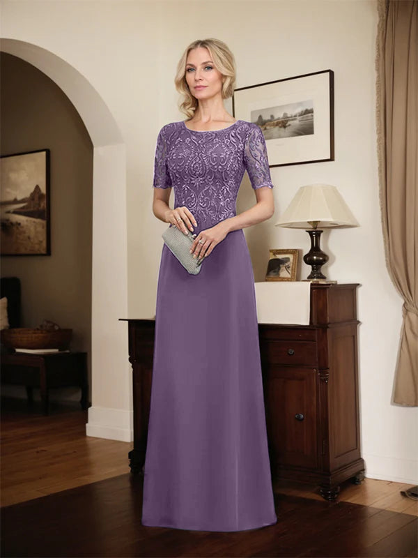 A-Linien Spitzen-Chiffon-Mutter-der-Braut-Kleid mit Rundhalsausschnitt, bodenlang und Pailletten