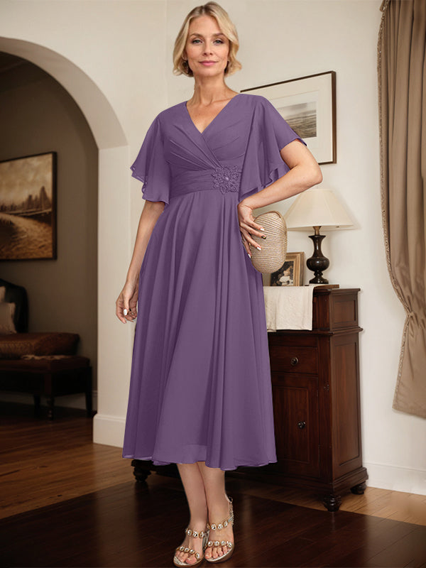 A-Linien Kleid mit V-Ausschnitt, tea-length Chiffon, Mutter der Braut mit plissierten Perlen