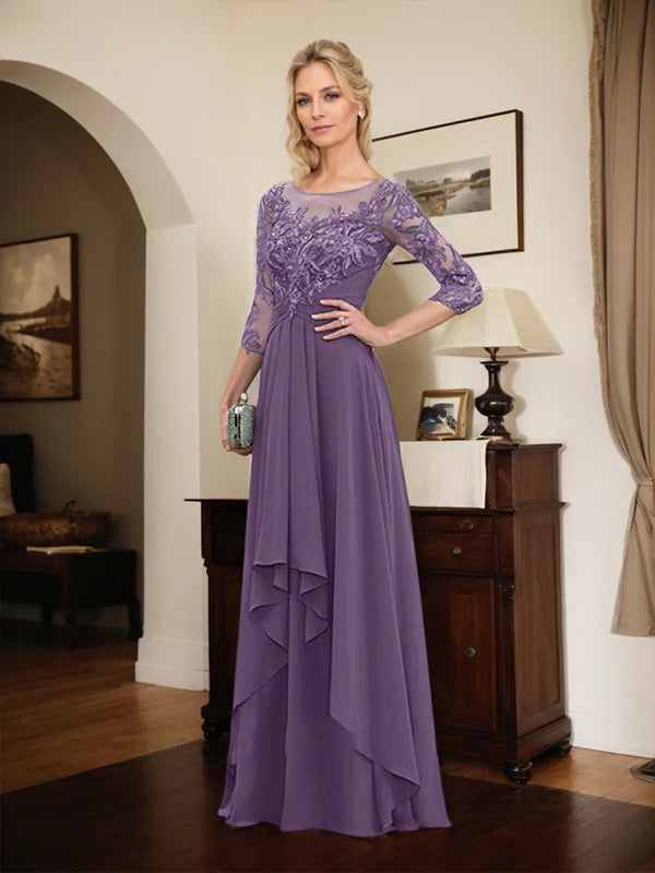 Robe mère de la mariée en ligne A avec col rond illusion, dentelle et chiffon longueur sol avec volants en cascade