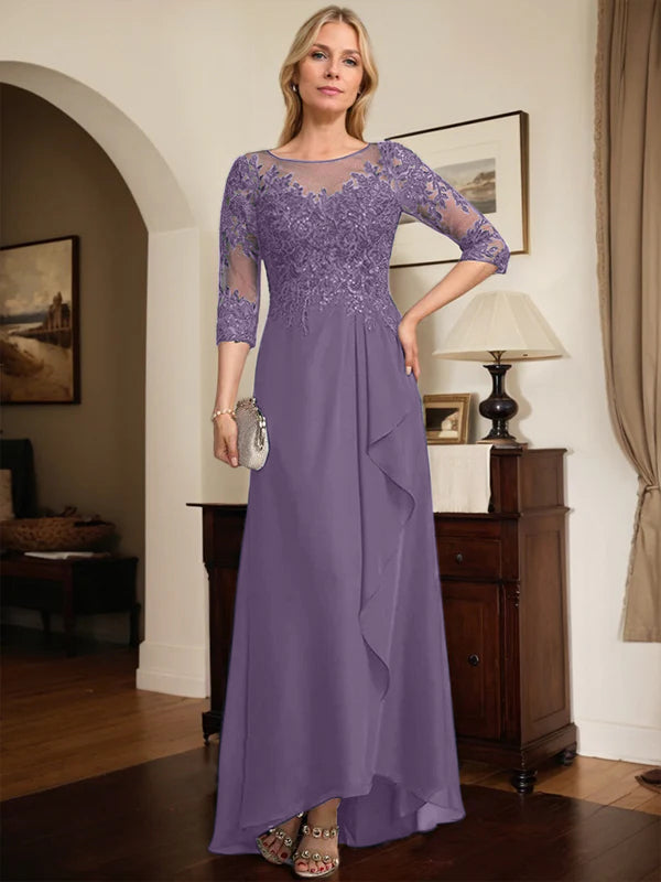 A-Linien Rundhals Illusions-Asymmetrische Spitze Chiffon Brautmutterkleid mit Pailletten und fallenden Rüschen