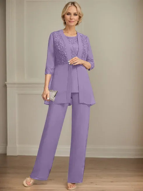 Combinaison/pantalon séparé en mousseline et dentelle, longueur au sol, col rond, robe mère de la mariée avec sequins