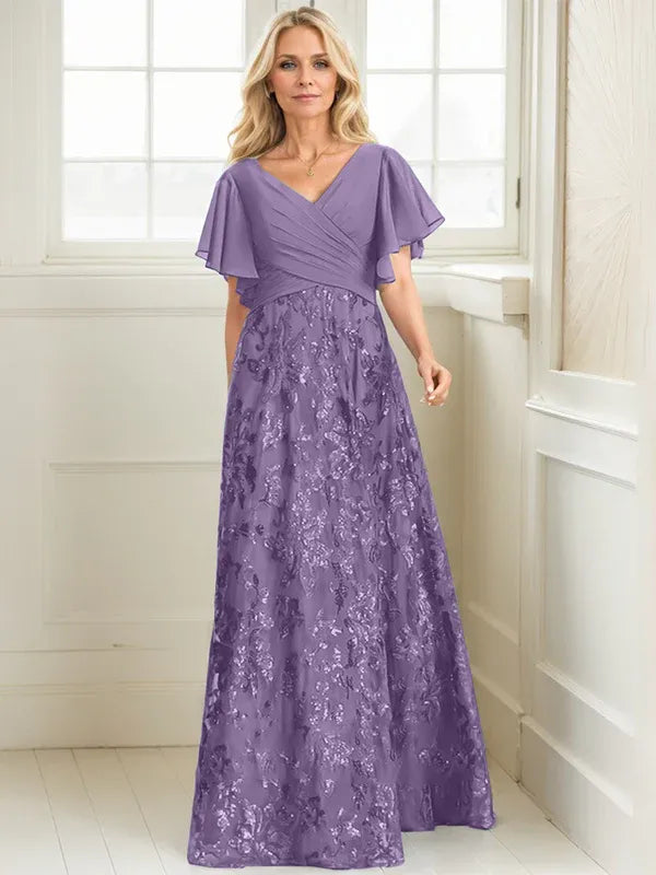 Vestido de madre de la novia en línea A con escote en V, largo hasta el suelo, encaje, lentejuelas y gasa plisada