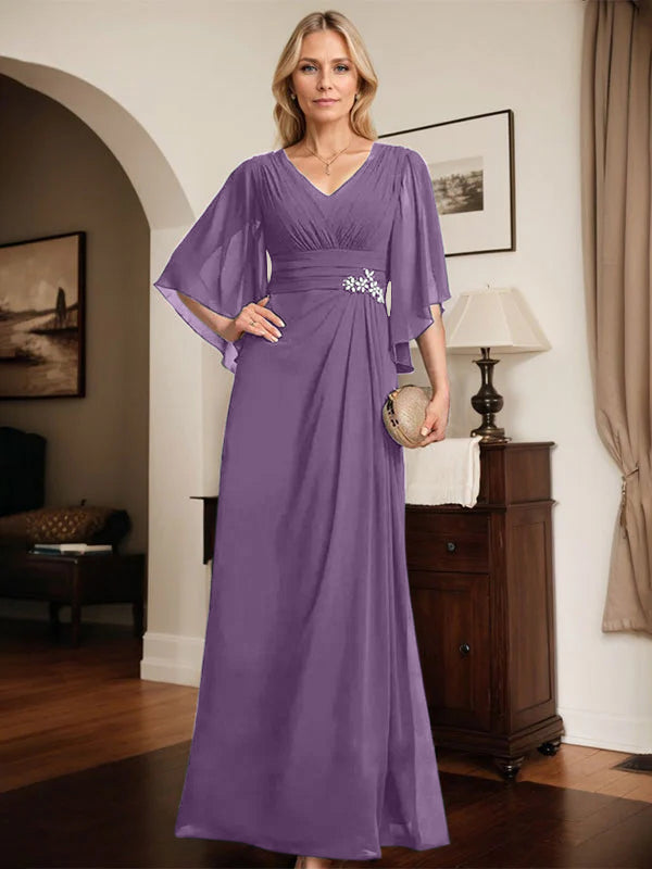 Etuikleid/Säule V-Ausschnitt bodenlanges Chiffon Mutter-der-Braut-Kleid mit plissierten Pailletten und Perlen