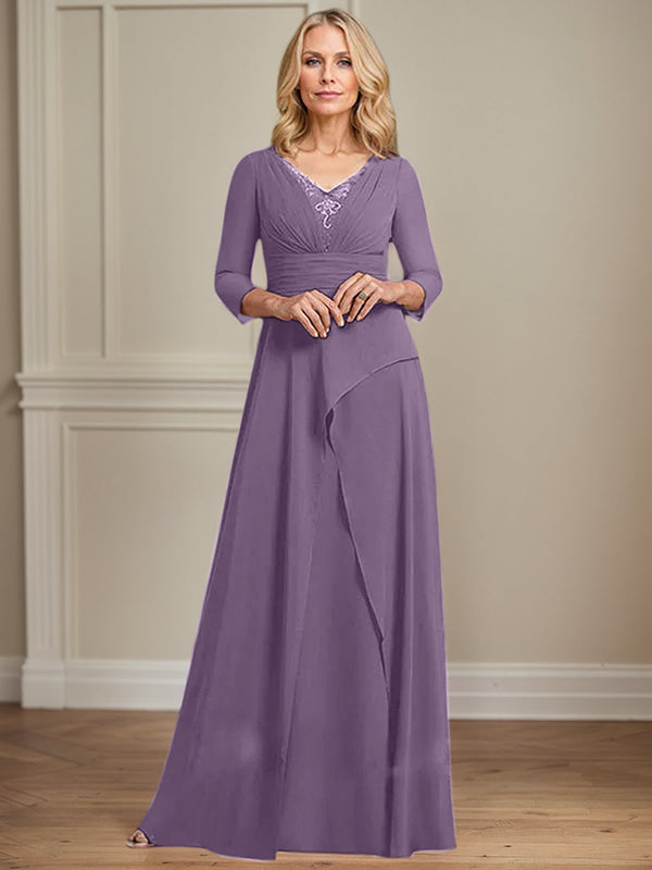 A-Linien Chiffon-Mutter-der-Braut-Kleid mit V-Ausschnitt, bodenlang, plissierte Perlenverzierung