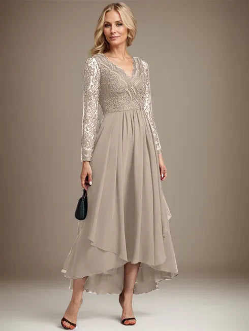 Vestido de madre de la novia en línea A con escote en V, encaje y gasa asimétrica