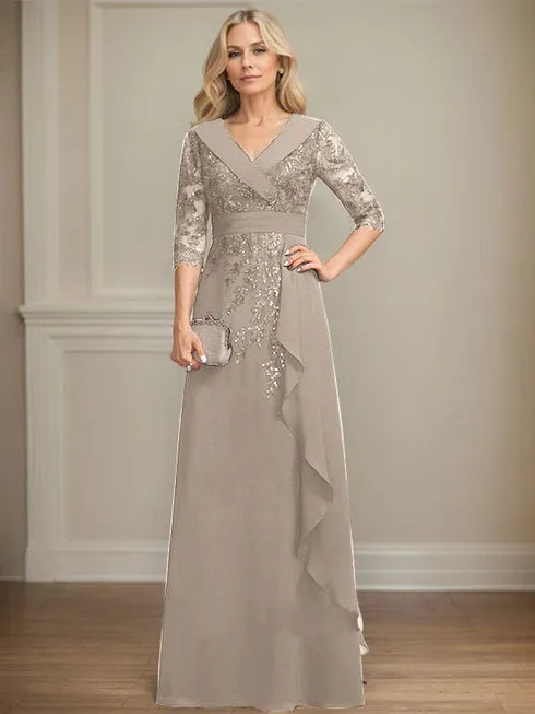 A-Linien Kleid mit Kragen, V-Ausschnitt, bodenlang, aus Spitze und Chiffon, Mutter der Braut Kleid mit Pailletten und fallenden Rüschen