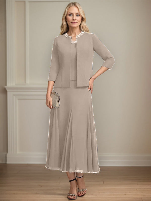 Separates A-Linien Chiffonkleid mit Rundhalsausschnitt, tea-length, Mutter der Braut mit Pailletten und Perlen