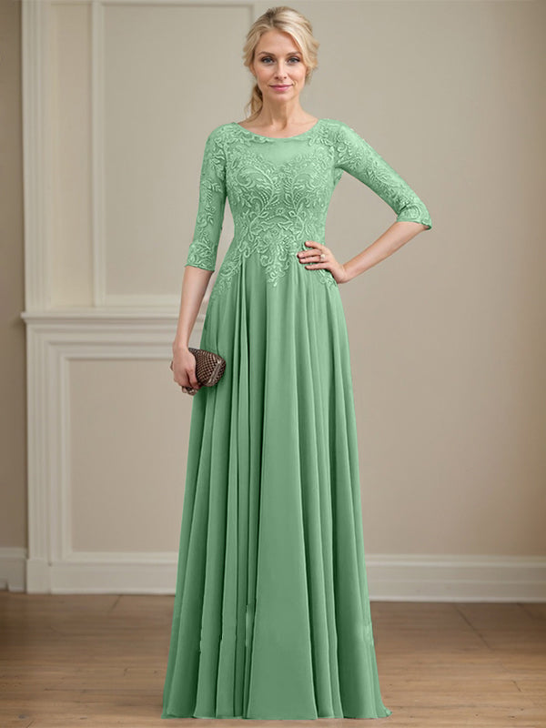 A-line Scoop Illusion Floor-Length Lace Chiffon Mother of the Bride Dress With Sequins