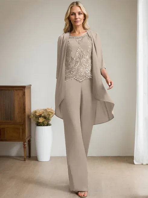 Zweiteiler Jumpsuit/Hosenanzug mit Rundhalsausschnitt, bodenlanges Chiffon-Spitzenkleid für die Mutter der Braut mit Perlen und Pailletten