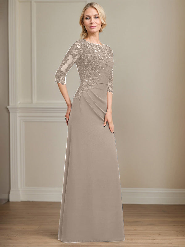 A-Linie Rundhals bodenlanges Chiffon Spitzen Brautmutterkleid mit Perlen Falten Pailletten