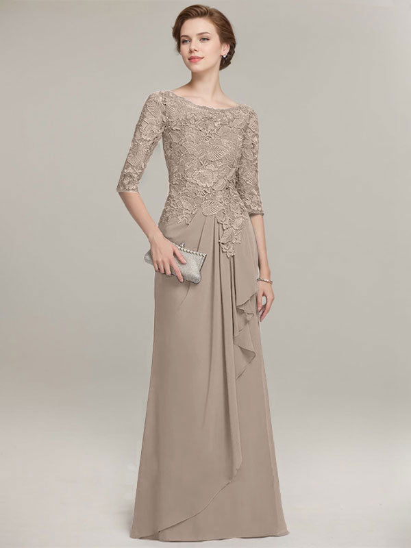 A-Linien Rundhalsausschnitt Illusions bodenlanges Spitzen-Chiffon Mutter der Braut Kleid mit kaskadierenden Rüschen
