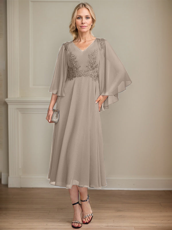 A-Linien-Brautmutterkleid aus Chiffon, V-Ausschnitt, tea-length mit Spitze, Pailletten und Perlen