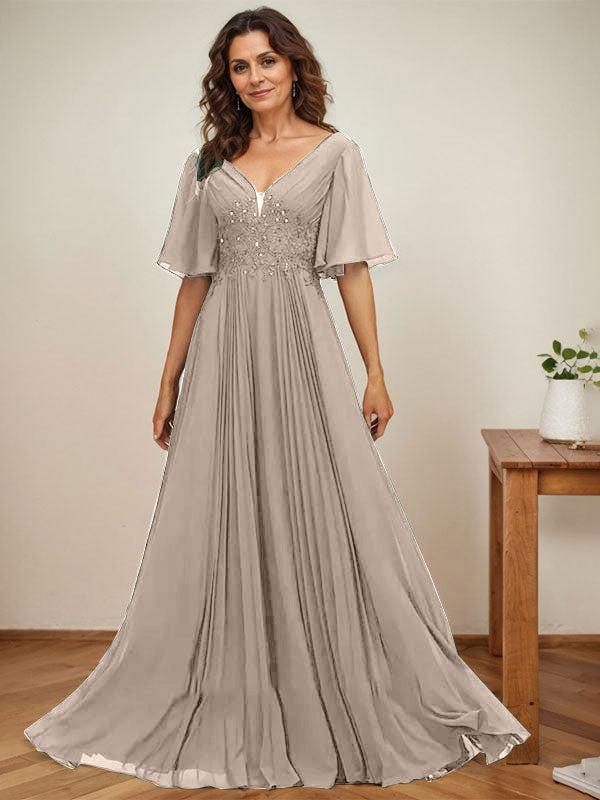 A-Linien V-Ausschnitt bodenlanges Chiffon Mutterkleid der Braut mit Pailletten-Applikationen, Spitze und Falten