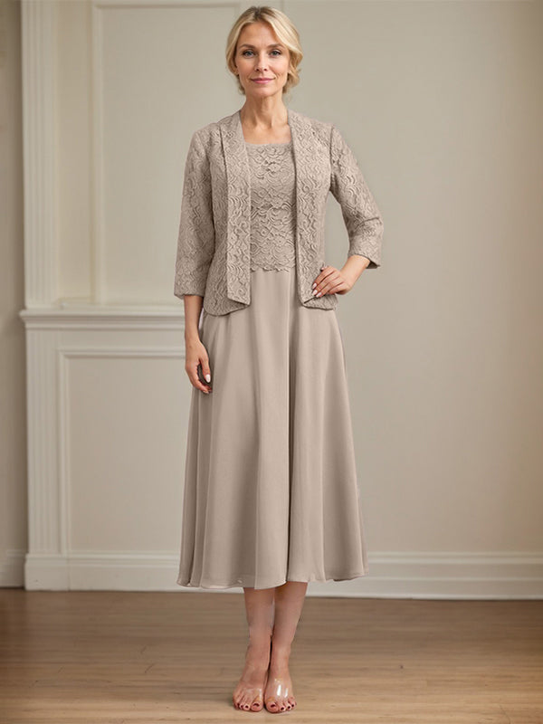 A-Linien Kleid mit Rundhalsausschnitt, tea-länge, Spitze und Chiffon, Mutter der Braut Kleid