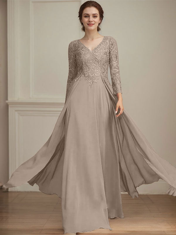 A-Linien V-Ausschnitt Bodenlanges Spitzen-Chiffon Kleid für die Brautmutter mit Pailletten