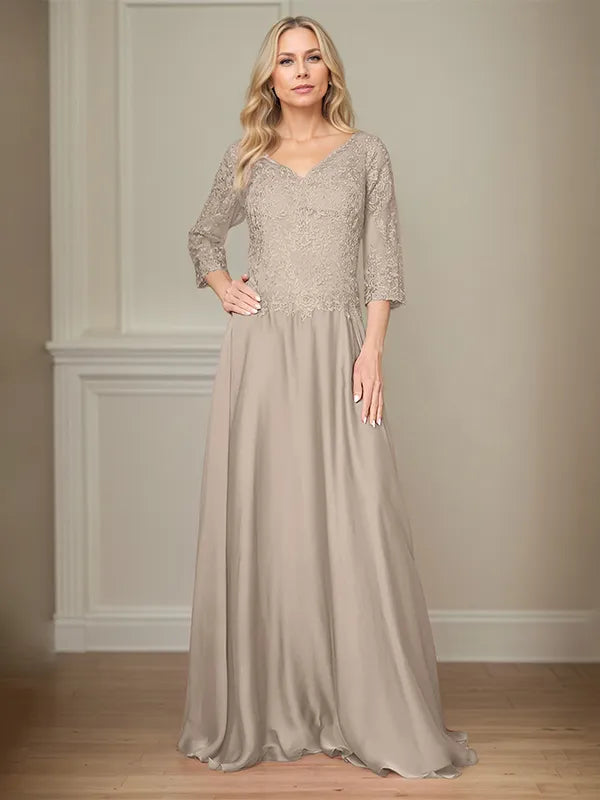 A Line Chiffon V Neck 3/4 Sleeves Floor-Length Mother Of The Bride Dress With Appliques