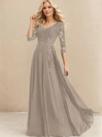 A-Linien V-Ausschnitt Bodenlanges Spitzen-Chiffon Kleid für die Brautmutter mit Pailletten