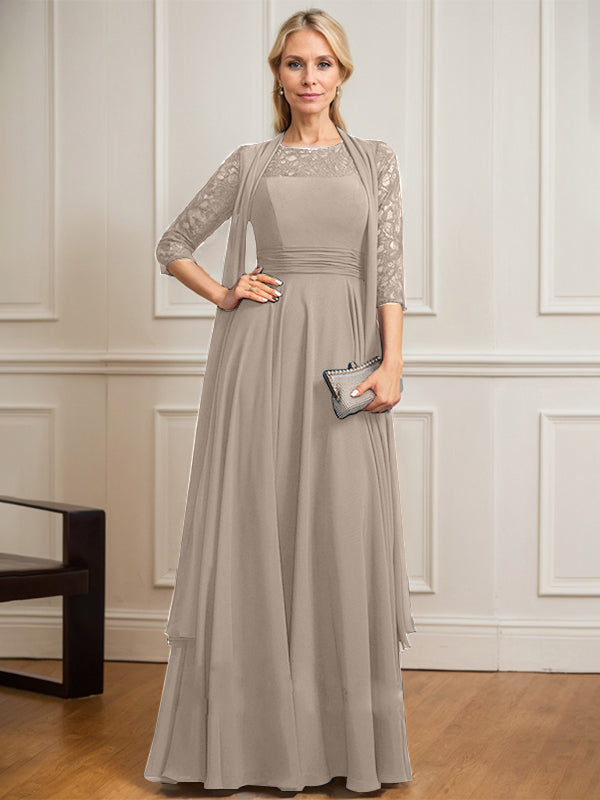 A-Linien Kleid mit Rundhalsausschnitt, Illusion, bodenlang aus Spitze und Chiffon, Mutter-der-Braut-Kleid mit Faltenwurf