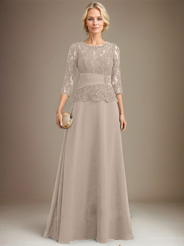 A-Linien Kleid mit Scoop-Ausschnitt, Illusion, bodenlangem Chiffon und Spitze, Mutter-der-Braut-Kleid mit plissierten Pailletten und Perlenbesatz