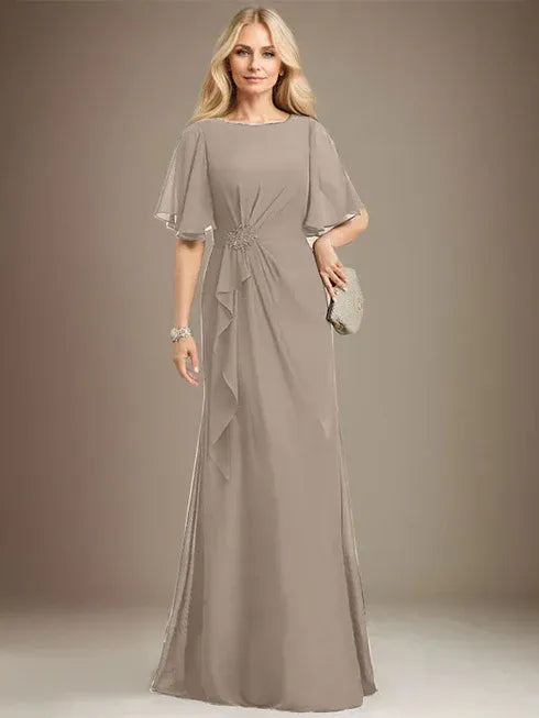 A-Linien Rundhals bodenlanges Chiffon Mutter der Braut Kleid mit kaskadierenden Rüschen Perlen Pailletten