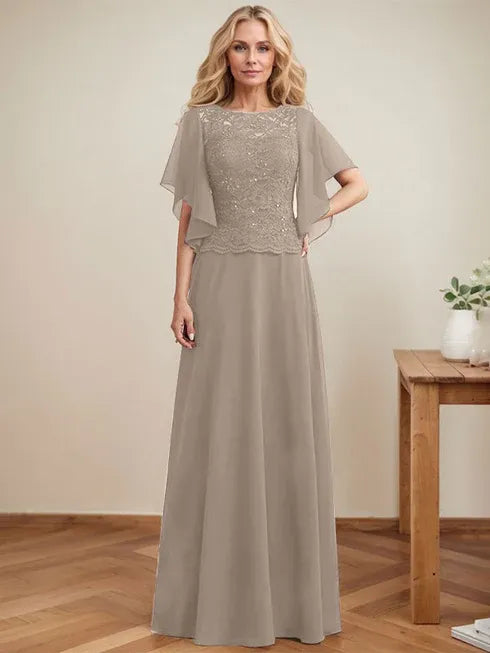A-Linien Rundhals Illusions-Bodenlanges Spitzen-Chiffon Mutter-der-Braut-Kleid mit Pailletten