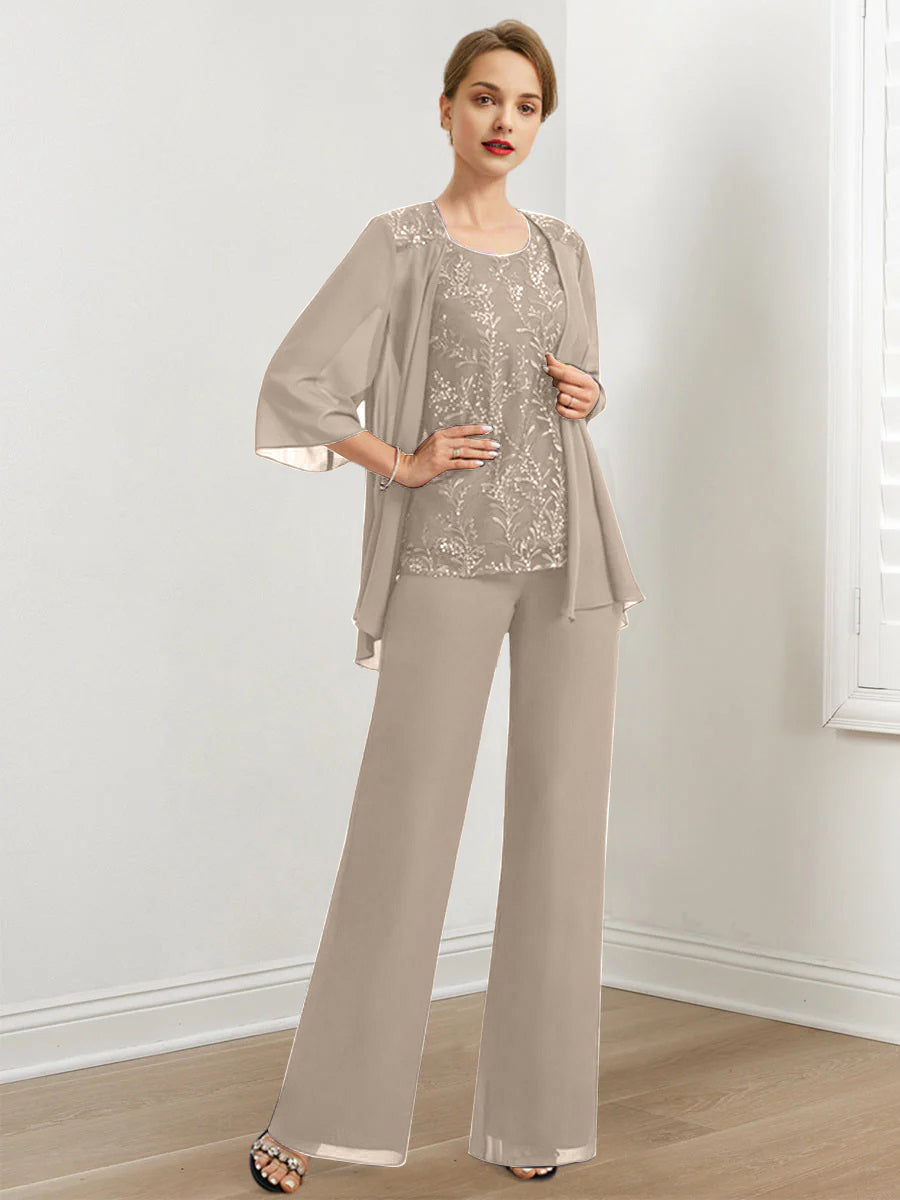 Chiffon Hosenanzüge für die Brautmutter mit Pailletten und Jacke