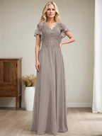 A-Linien V-Ausschnitt Bodenlanges Spitzen-Chiffon Kleid für die Brautmutter mit Pailletten