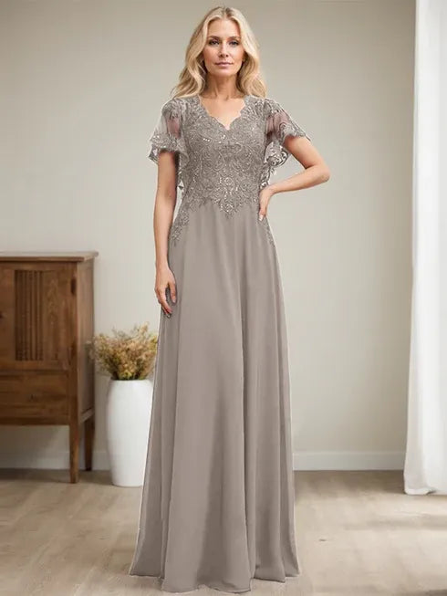 Robe mère de la mariée ligne A col en V longue en dentelle et chiffon avec sequins