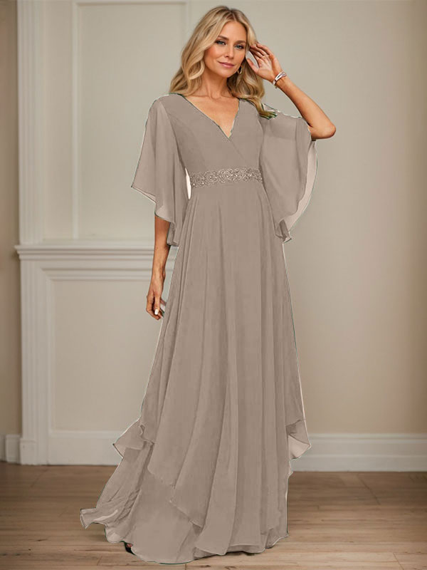 A-Linien V-Ausschnitt bodenlanges Chiffon-Mutter-der-Braut-Kleid mit Pailletten-Applikationen, Spitze und Perlen