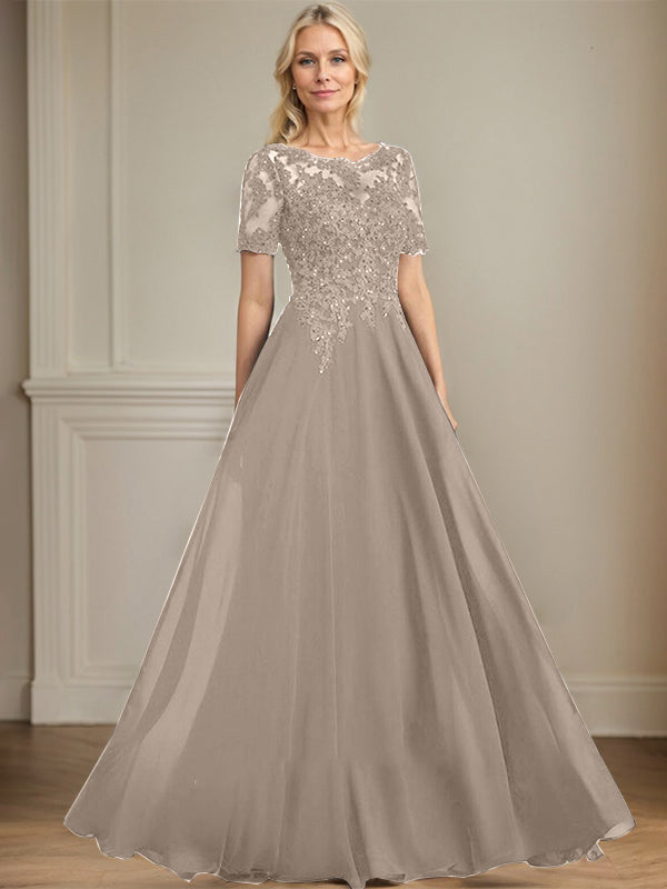 A-Linien Rundhals Illusions-Bodenlanges Chiffon-Spitzenkleid für die Mutter der Braut mit Pailletten und Perlen