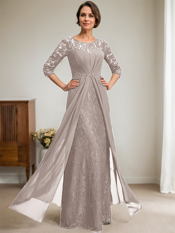 A-Linien Rundhalsausschnitt Illusions-Bodenlanges Spitzen-Chiffonkleid für die Brautmutter mit Perlen und Volants
