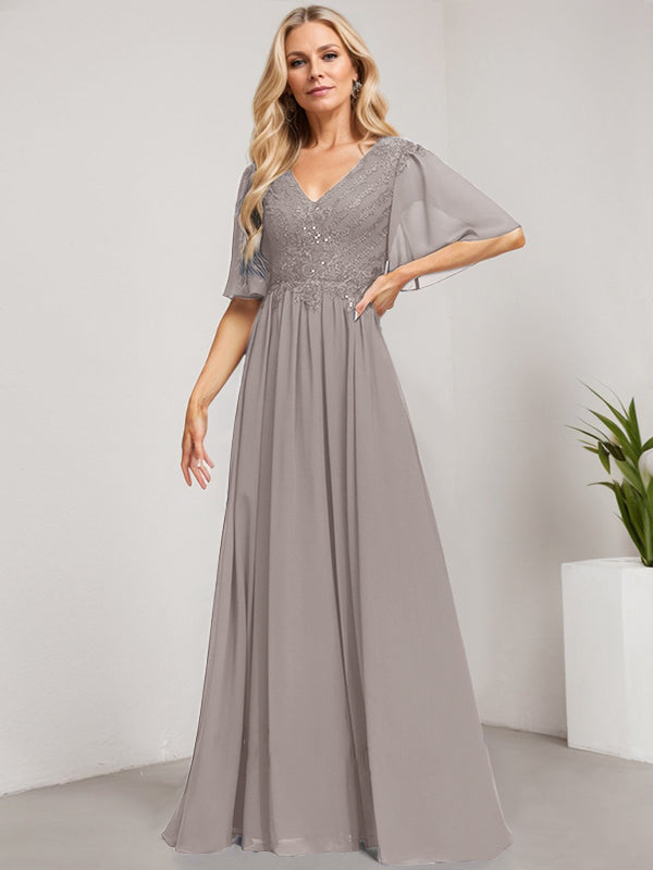 Robe mère de la mariée ligne A col en V longue en dentelle et chiffon avec sequins