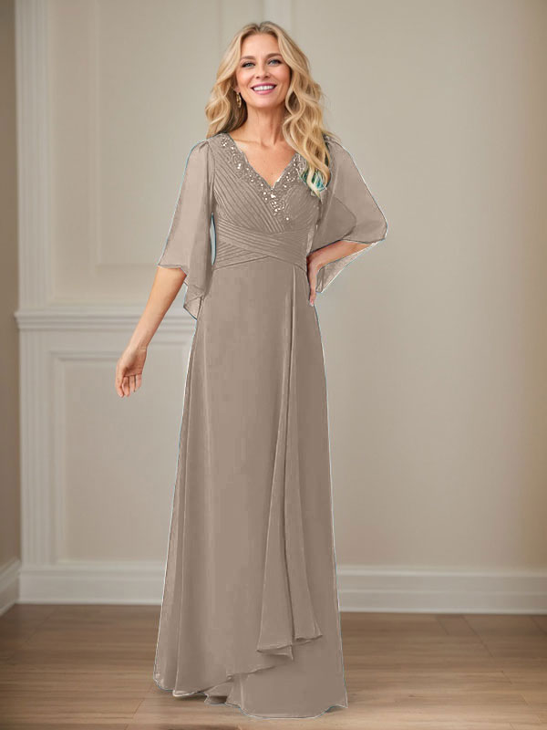 A-Linien V-Ausschnitt langes Pailletten-Chiffon Mutterkleid