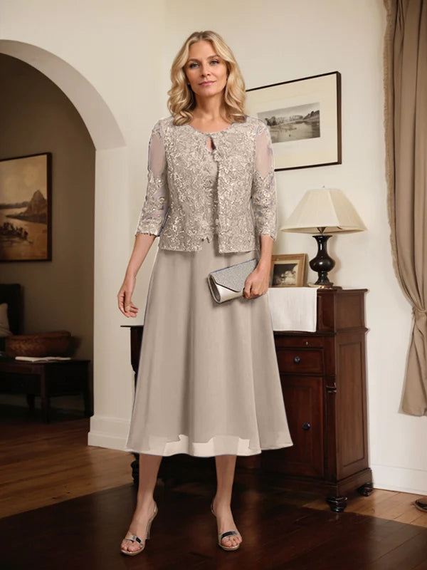 A-Linien Spitzen-Chiffon-Brautmutterkleid mit V-Ausschnitt, tea-length, mit Pailletten