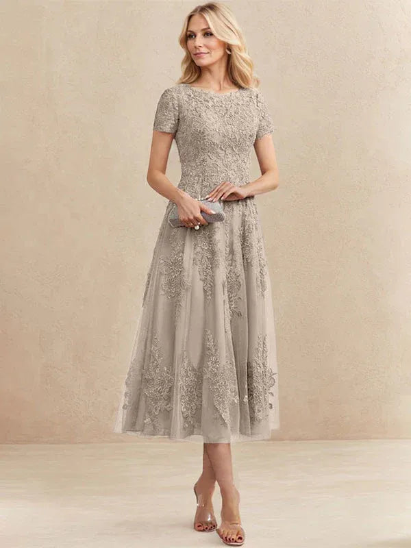 Robe de mère de la mariée A-line en tulle et dentelle, col arrondi, longueur thé