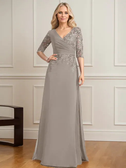 A-Linien V-Ausschnitt bodenlanges Spitzen-Chiffon Kleid der Brautmutter mit plissierten Pailletten